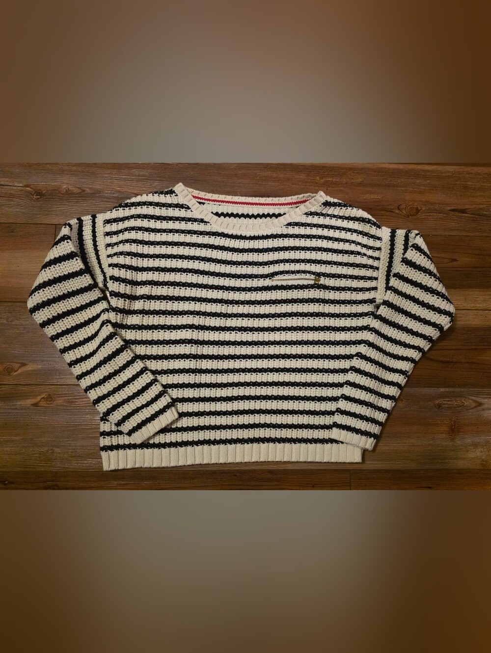 VTG Tommy Hilfiger Striped Chunky Knit Sweater Zip Pocket Nautical Cream M